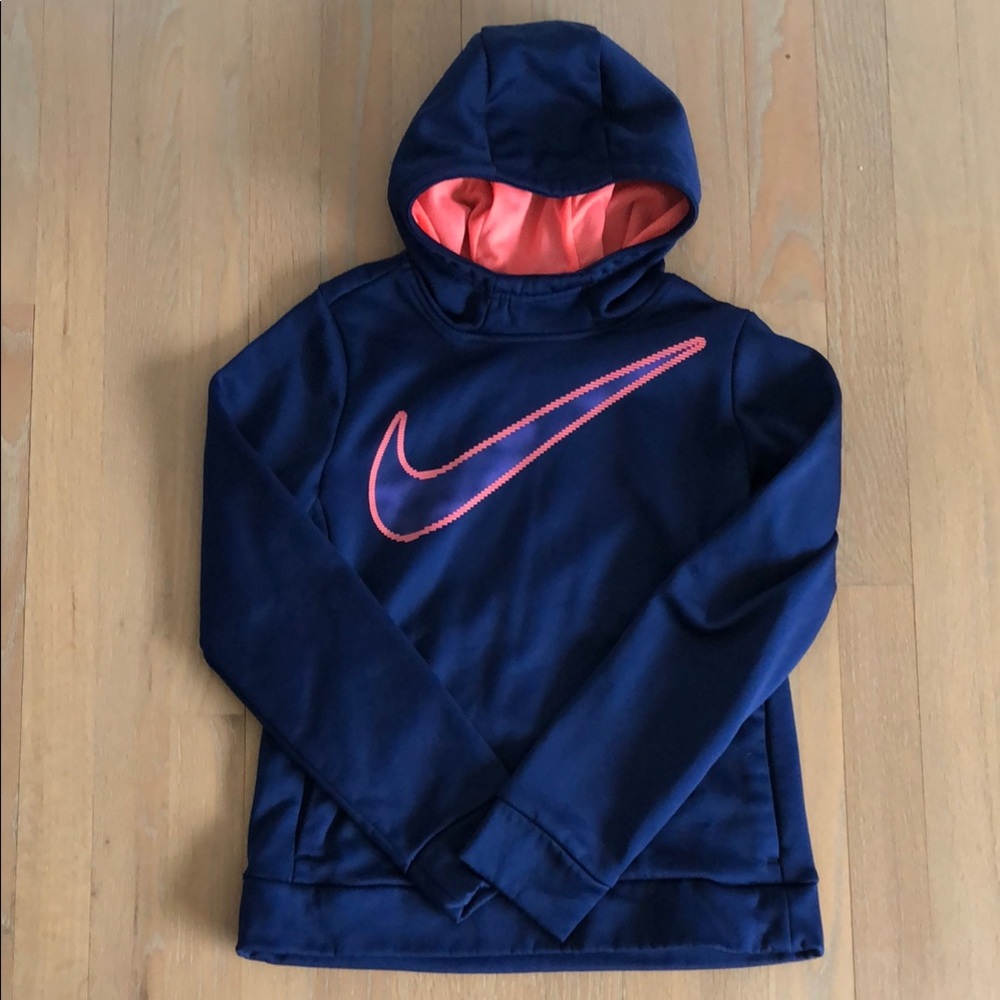 Nike Kids Navy Blue Hoodie with Pink Logo